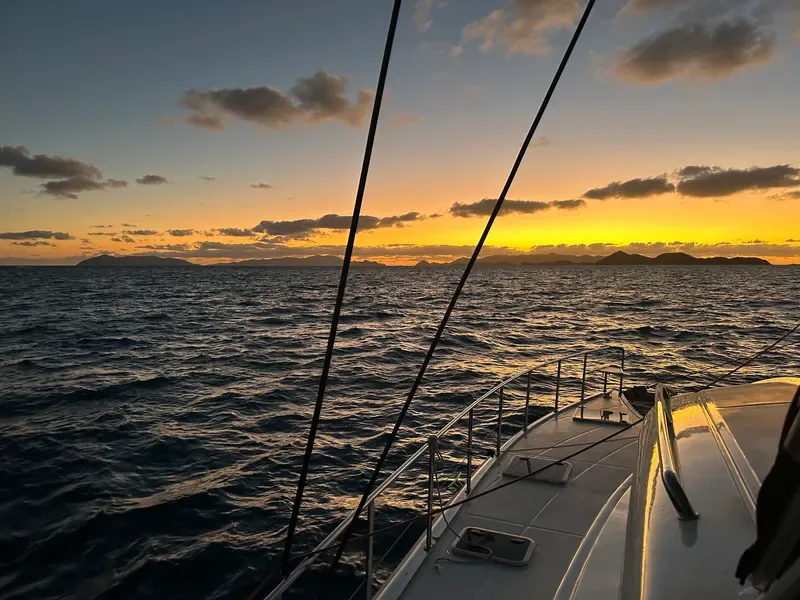 Sunset from the bow of Stella Blue as she sails past the Virgin Islands